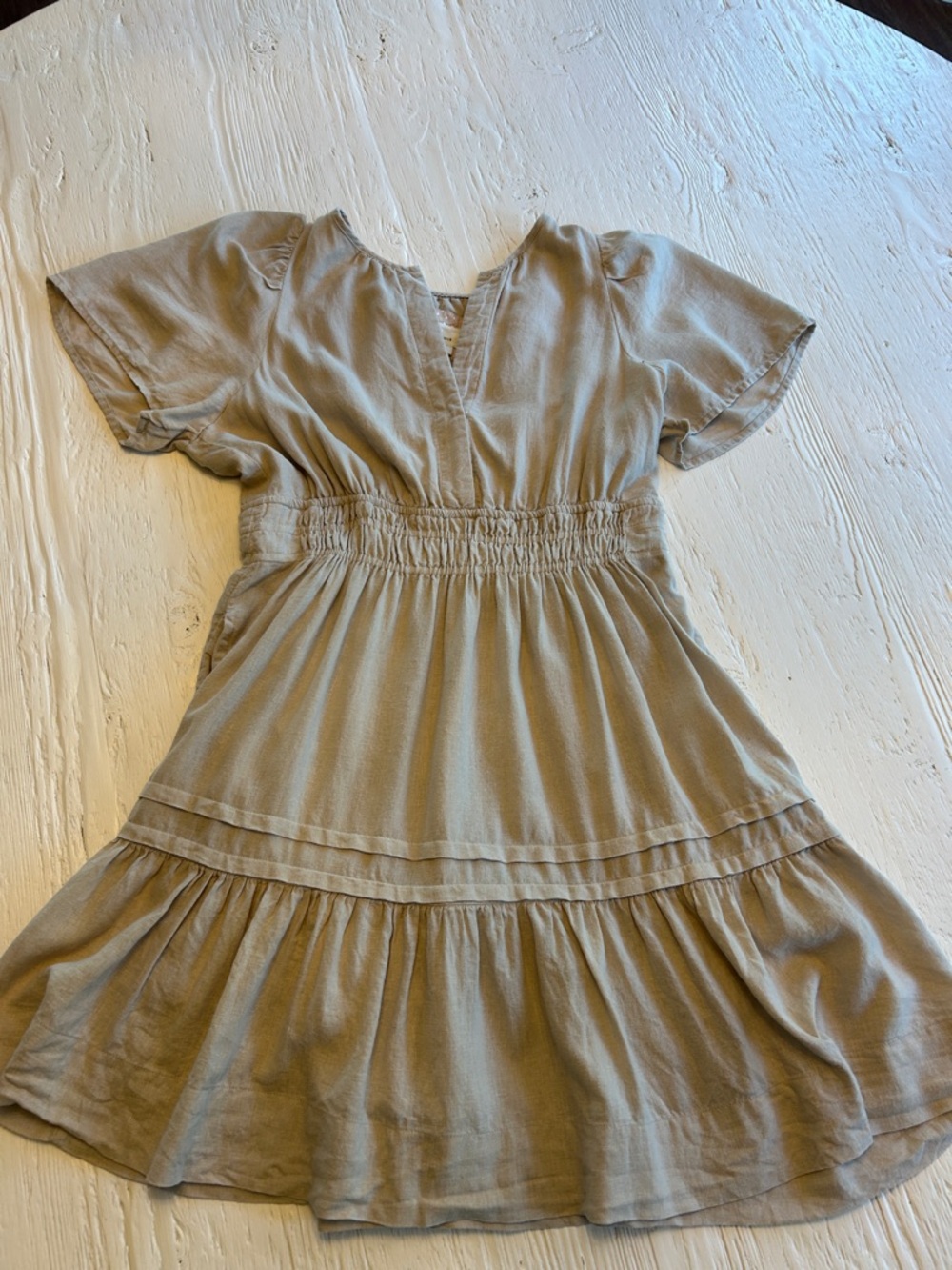 Anthropologie Summerset mini Taupe Short Sleeve Smocked Waist Tiered Dress